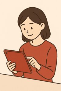サイコロッソコンサルのブログ記事をタブレット(iPad)で読む女性のイメージイラスト