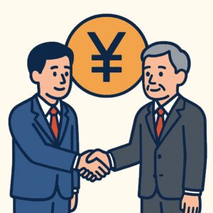 補助金・助成金の申請支援において、信頼できる専門家（コンサルタント）と相談者（中小企業）が握手しているイラスト。申請の不安を解消し、事業の前進をサポートするイメージ。
