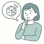 経営について考えを巡らせ、サイコロを振るように決断をしようとしている女性のイラスト