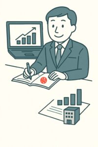 中小企業の経営課題を分析するコンサルタントのイラスト｜売上・資金・組織の整理支援