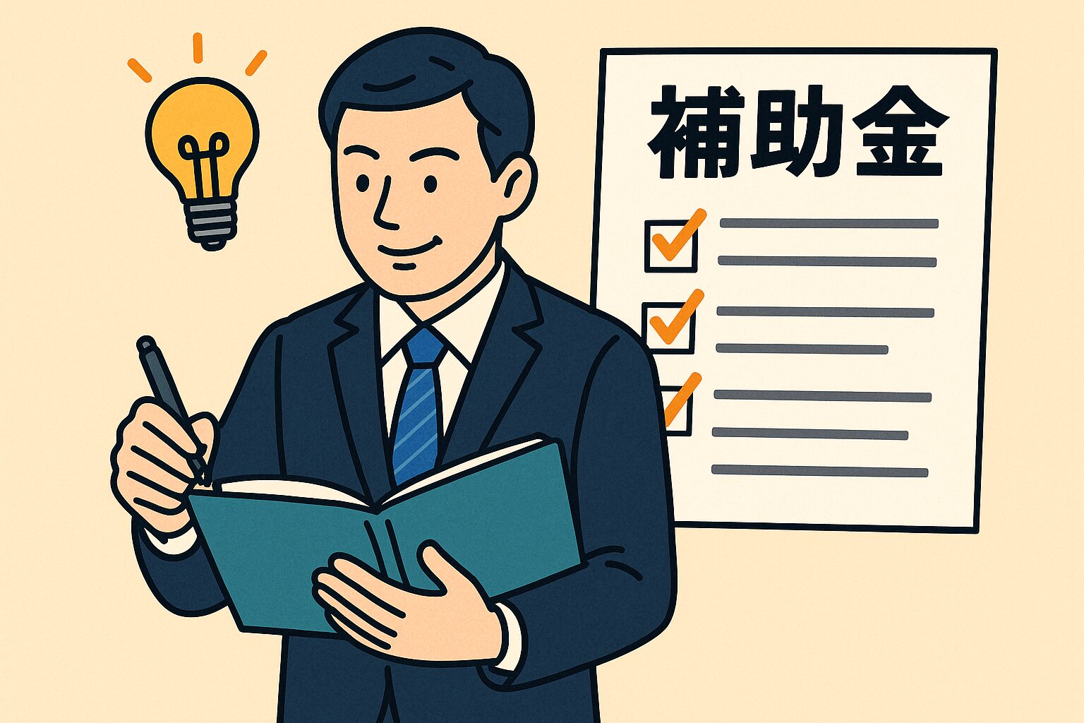 補助金申請に向けて準備を進めるビジネスマン。チェックリストとノートをもとに、戦略的な申請計画を立てている様子