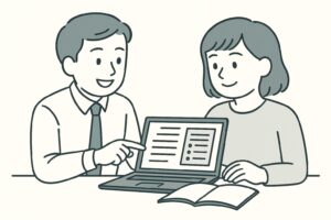 補助金申請に関する相談をしている男女（コンサルタントと中小企業経営者）のイメージイラスト。申請書類の内容を一緒に確認する様子。