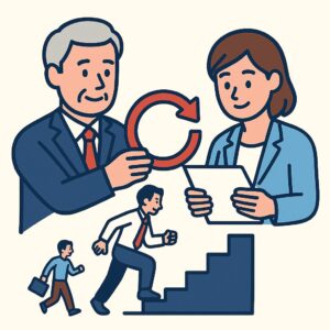 事業承継に向けてバトンを引き継ぐ経営者と後継者のイメージイラスト｜中小企業の後継者選び・育成・親族内承継・社外承継の情報を届けるサイコロッソコンサル