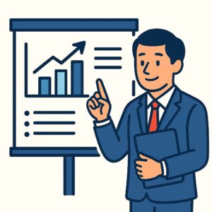 ホワイトボードの前で経営戦略や事業計画を説明する中小企業診断士（コンサルタント）のイラスト。グラフを指し示しながら、経営の未来を描くサポートをする様子