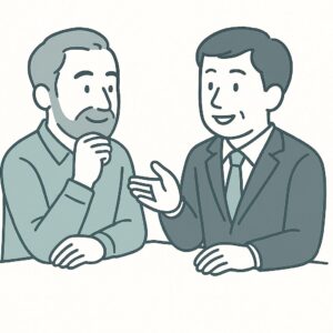経営の次の一手について、経営者男性が無料相談を通じてアドバイスを受ける様子