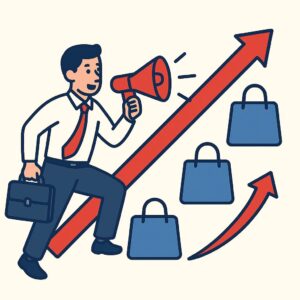 マーケティング施策で販路拡大に挑戦するビジネスマンのイラスト｜サイコロッソコンサルのマーケティング支援イメージ