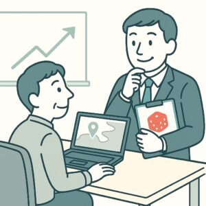経営者と一緒に考え、課題整理と選択肢を支援する、サイコロッソコンサルの支援スタイルを表現したイラスト