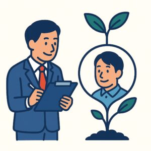 人材育成や採用支援を行う中小企業診断士が、若手社員の成長を見守る様子。組織づくりや人材戦略の見直しを支援するイメージ