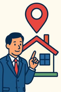 地域密着型の経営支援を行う中小企業診断士が、地図マークのついた家を指しながら地域支援に力を入れている場面を描いたイラスト