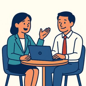 はじめての経営相談でも安心して話せる雰囲気を伝える、男女が対話するイラスト（サイコロッソコンサルのご相談イメージ）