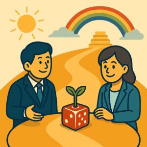 販路の未来が拓ける様子を描いた明るい道と虹のイラスト｜サイコロと成長の象徴も