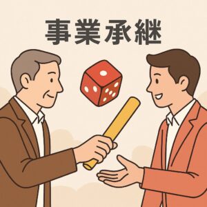 事業承継を象徴するバトンリレーとサイコロ、世代交代を迎える中小企業経営者のイラスト