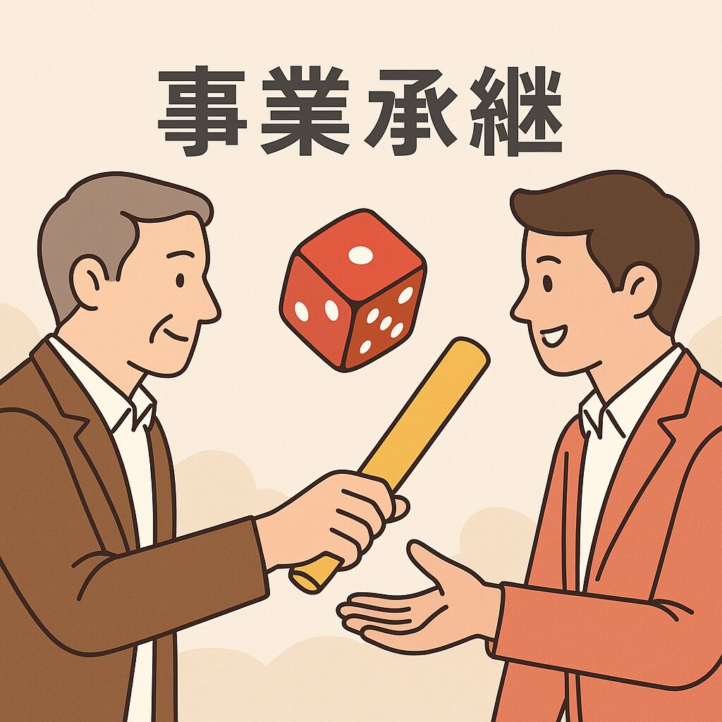 事業承継を象徴するバトンリレーとサイコロ、世代交代を迎える中小企業経営者のイラスト