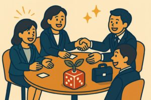 紹介による販路開拓を支えるビジネスネットワークのイメージ｜名刺交換とサイコロの芽