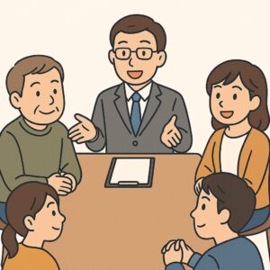 事業承継に悩む経営者や家族が専門家と一緒に相談する安心感のあるシーン