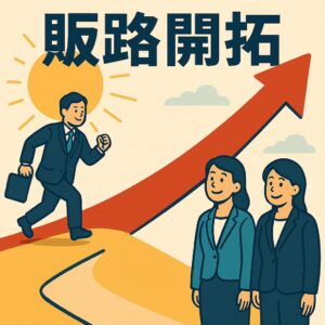 販路開拓に挑む中小企業経営者のイラスト｜成長を象徴する赤い矢印とビジネスパーソン