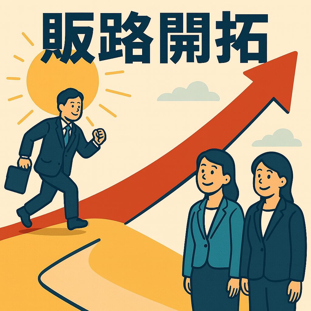 販路開拓に挑む中小企業経営者のイラスト｜成長を象徴する赤い矢印とビジネスパーソン