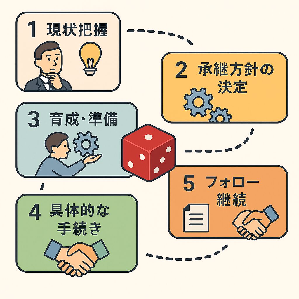 中小企業の事業承継を5つのステップで計画的に進める流れを示したフローチャート図